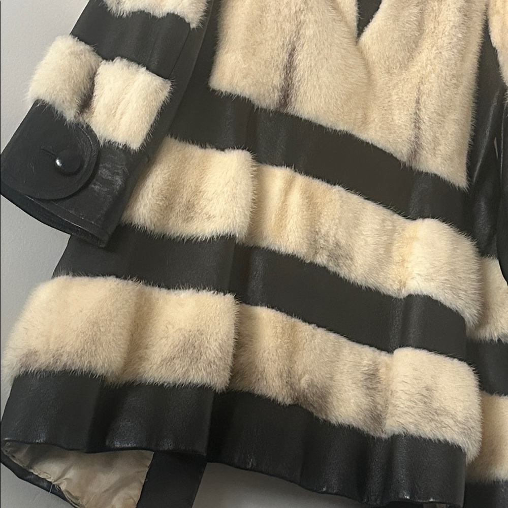 Vintage Real Fur & Leather Coat Black Cream Striped Statement Coat Women’s Small - Picture 11 of 11